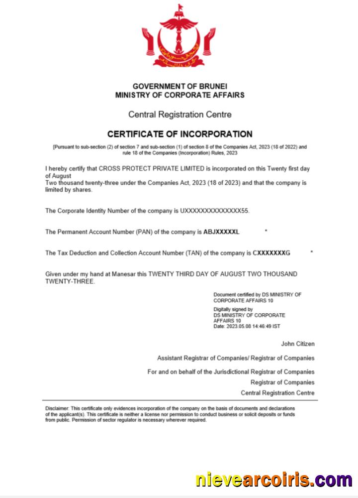 Brunei certificate of registration